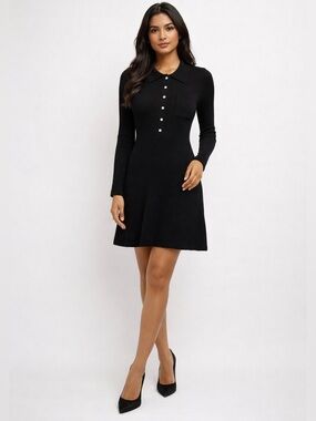 Beechers Brooks - Long-Sleeve Wool Blend Black Polo Knit Dress